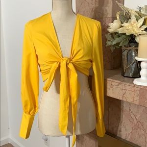 Mustard Cuff Detail Tie Front Blouse